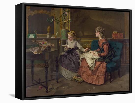 Domestic Scene with Two Girls, One Reading to Another who Sews, 1873-null-Framed Stretched Canvas