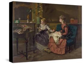 Domestic Scene with Two Girls, One Reading to Another who Sews, 1873-null-Stretched Canvas