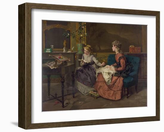 Domestic Scene with Two Girls, One Reading to Another who Sews, 1873-null-Framed Art Print