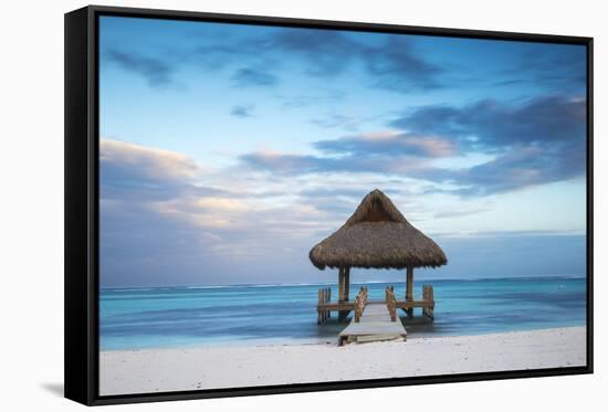 Dominican Republic, Punta Cana, Playa Blanca, Wooden Pier with Thatched Hut-Jane Sweeney-Framed Stretched Canvas