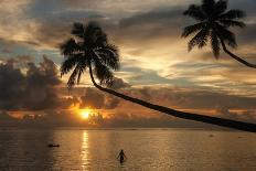 Silhouette of leaning palm trees and a woman at sunrise on Taveuni Island, Fiji, Pacific-Don Mammoser-Photographic Print