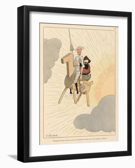 Don Quijote and Sancho Take to the Air on a Flying Machine in the Shape of a Horse-Joaquin Xaudaro-Framed Art Print