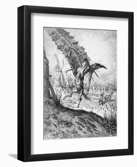 Don Quixote and the Windmills, from 'Don Quixote de la Mancha' by Miguel Cervantes-Gustave Doré-Framed Giclee Print