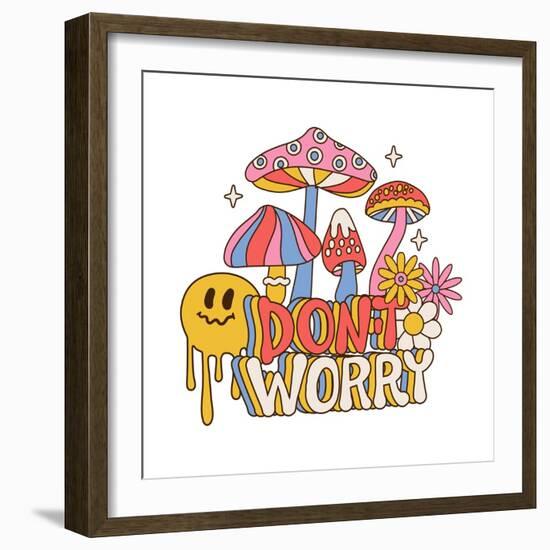 Don T Worry - Abstract 70S Retro Slogan, with Hippie Flowers Daisies, Melting Emoji and Psychedelic-Svetlana Shamshurina-Framed Photographic Print