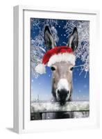 Donkey Looking over Fence Wearing Christmas Hat in Snow-null-Framed Photographic Print