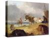 Donkeys and Figures on a Beach-Julius Caesar Ibbetson-Stretched Canvas