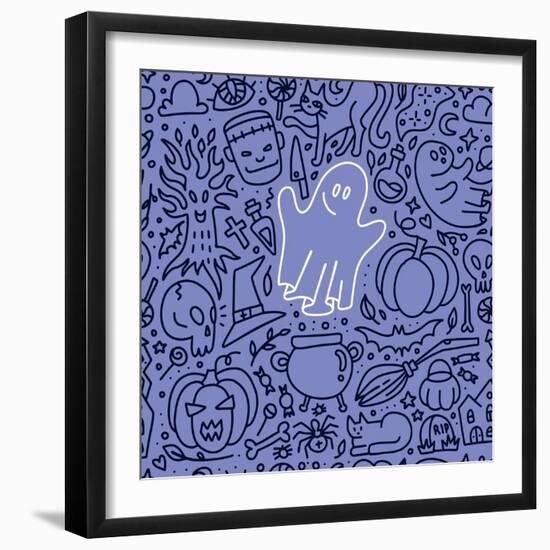 Doodle Seamless Pattern for Halloween Decor. Pumpkins, Ghosts, Bat, Skulls and Autumn Leaves in Lin-Svetlana Shamshurina-Framed Photographic Print