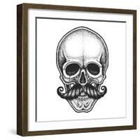 Dotwork Styled Skull with Moustache. Hand Drawn Illustration. T-Shirt Design.-Mr_Bachinsky-Framed Art Print