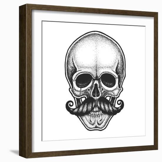 Dotwork Styled Skull with Moustache. Hand Drawn Illustration. T-Shirt Design.-Mr_Bachinsky-Framed Art Print