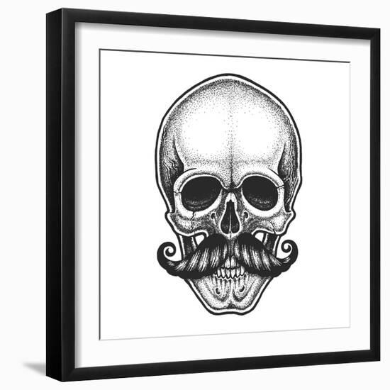 Dotwork Styled Skull with Moustache. Hand Drawn Illustration. T-Shirt Design.-Mr_Bachinsky-Framed Art Print
