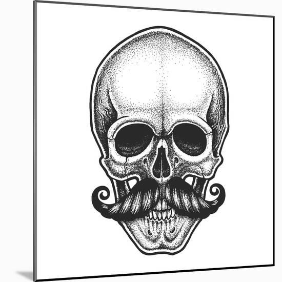 Dotwork Styled Skull with Moustache. Hand Drawn Illustration. T-Shirt Design.-Mr_Bachinsky-Mounted Art Print