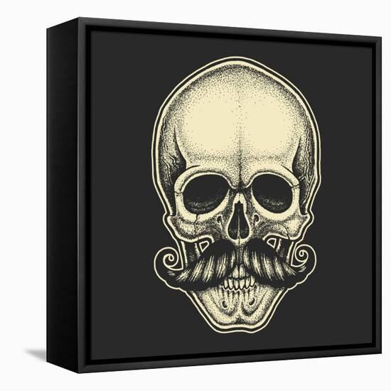 Dotwork Styled Skull with Moustache. Hand Drawn Illustration. T-Shirt Design.-Mr_Bachinsky-Framed Stretched Canvas