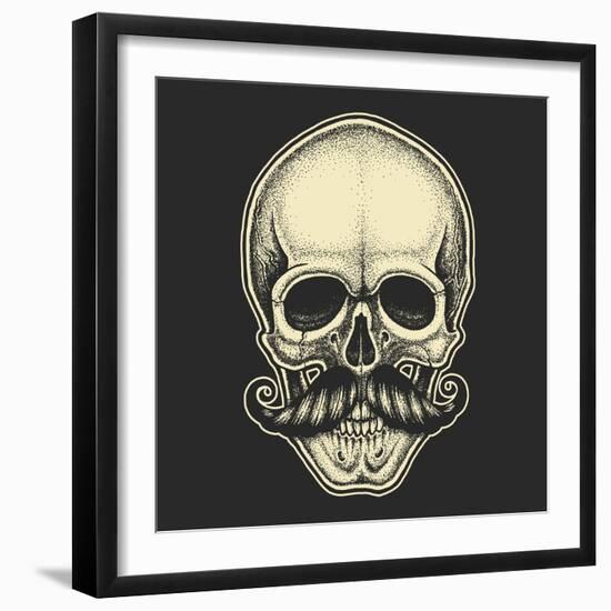 Dotwork Styled Skull with Moustache. Hand Drawn Illustration. T-Shirt Design.-Mr_Bachinsky-Framed Art Print