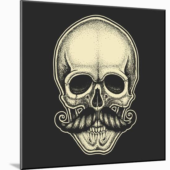 Dotwork Styled Skull with Moustache. Hand Drawn Illustration. T-Shirt Design.-Mr_Bachinsky-Mounted Art Print