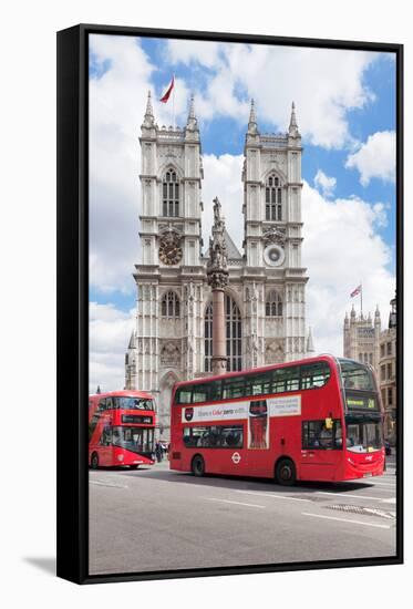 Double-Decker Buses Passing by a Cathedral, Westminster Abbey, City of Westminster, London, England-null-Framed Stretched Canvas