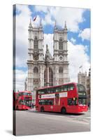 Double-Decker Buses Passing by a Cathedral, Westminster Abbey, City of Westminster, London, England-null-Stretched Canvas