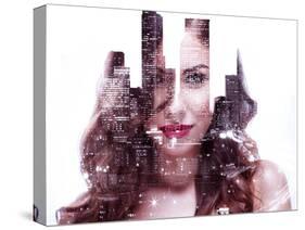 Double Exposure of a Beautiful Girl and Night Cityscape-Dean Drobot-Stretched Canvas