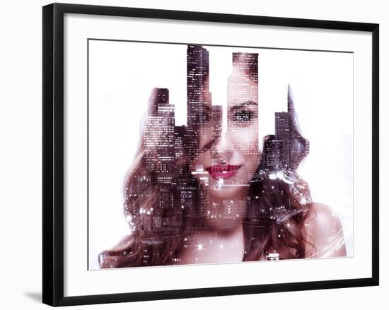 Double Exposure of a Beautiful Girl and Night Cityscape-Dean Drobot-Framed Photographic Print