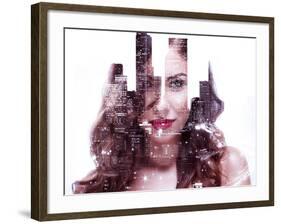 Double Exposure of a Beautiful Girl and Night Cityscape-Dean Drobot-Framed Photographic Print