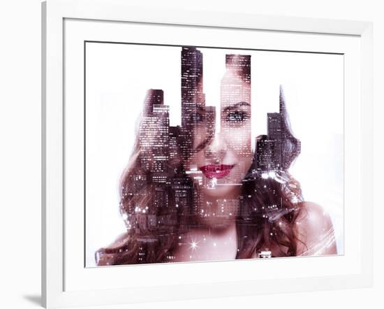 Double Exposure of a Beautiful Girl and Night Cityscape-Dean Drobot-Framed Photographic Print