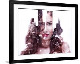 Double Exposure of a Beautiful Girl and Night Cityscape-Dean Drobot-Framed Photographic Print