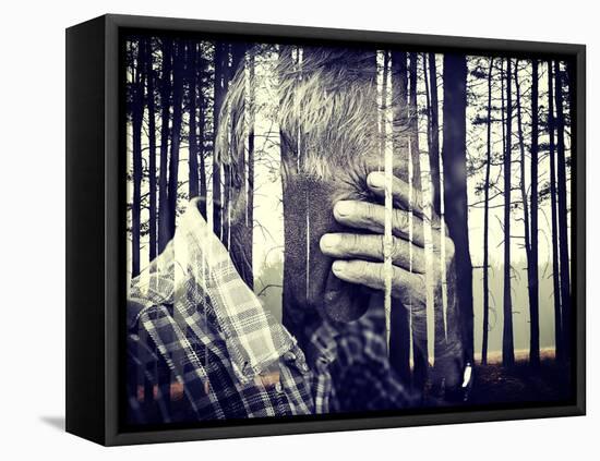 Double Exposure of Desperate Senior Man Suffering and Covering Face with Hands in Deep Depression,-zurijeta-Framed Stretched Canvas