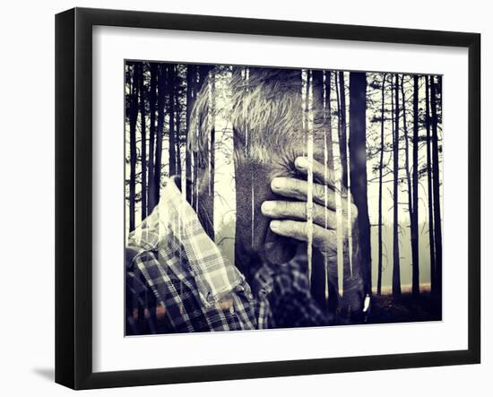 Double Exposure of Desperate Senior Man Suffering and Covering Face with Hands in Deep Depression,-zurijeta-Framed Premium Photographic Print