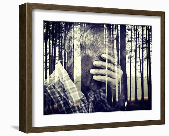 Double Exposure of Desperate Senior Man Suffering and Covering Face with Hands in Deep Depression,-zurijeta-Framed Photographic Print