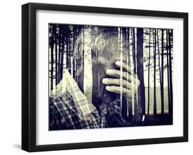 Double Exposure of Desperate Senior Man Suffering and Covering Face with Hands in Deep Depression,-zurijeta-Framed Photographic Print