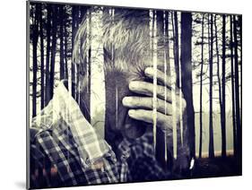 Double Exposure of Desperate Senior Man Suffering and Covering Face with Hands in Deep Depression,-zurijeta-Mounted Photographic Print