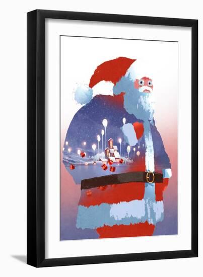 Double Exposure of Santa Claus and Winter Landscape with Fantasy Village,Illustration Painting-Tithi Luadthong-Framed Art Print