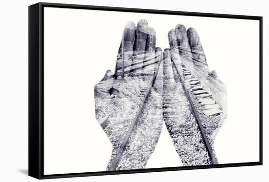 Double Exposure of the Palms of a Man Put Together and a Railway, in Black and White-nito-Framed Stretched Canvas