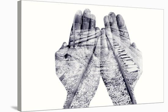 Double Exposure of the Palms of a Man Put Together and a Railway, in Black and White-nito-Stretched Canvas