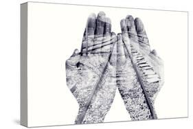 Double Exposure of the Palms of a Man Put Together and a Railway, in Black and White-nito-Stretched Canvas