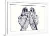 Double Exposure of the Palms of a Man Put Together and a Railway, in Black and White-nito-Framed Premium Photographic Print