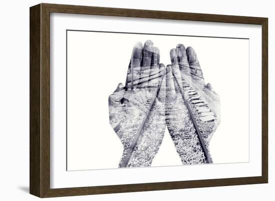 Double Exposure of the Palms of a Man Put Together and a Railway, in Black and White-nito-Framed Photographic Print