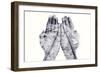 Double Exposure of the Palms of a Man Put Together and a Railway, in Black and White-nito-Framed Photographic Print