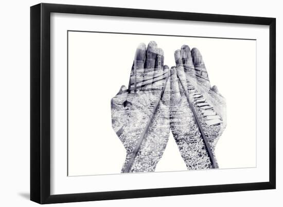 Double Exposure of the Palms of a Man Put Together and a Railway, in Black and White-nito-Framed Photographic Print