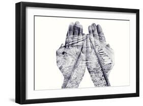 Double Exposure of the Palms of a Man Put Together and a Railway, in Black and White-nito-Framed Photographic Print