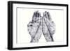 Double Exposure of the Palms of a Man Put Together and a Railway, in Black and White-nito-Framed Photographic Print