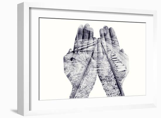 Double Exposure of the Palms of a Man Put Together and a Railway, in Black and White-nito-Framed Photographic Print