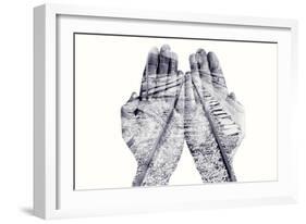 Double Exposure of the Palms of a Man Put Together and a Railway, in Black and White-nito-Framed Photographic Print