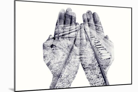 Double Exposure of the Palms of a Man Put Together and a Railway, in Black and White-nito-Mounted Photographic Print