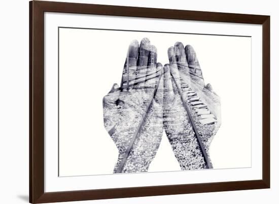 Double Exposure of the Palms of a Man Put Together and a Railway, in Black and White-nito-Framed Photographic Print