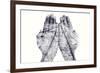 Double Exposure of the Palms of a Man Put Together and a Railway, in Black and White-nito-Framed Photographic Print