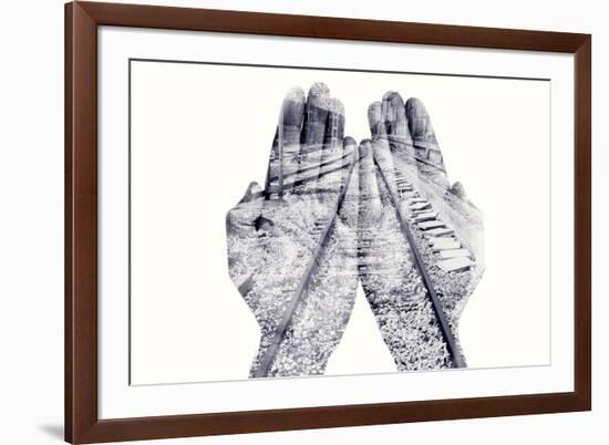 Double Exposure of the Palms of a Man Put Together and a Railway, in Black and White-nito-Framed Photographic Print