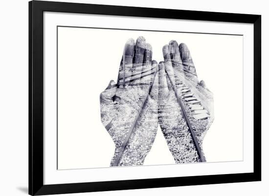 Double Exposure of the Palms of a Man Put Together and a Railway, in Black and White-nito-Framed Photographic Print