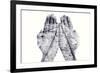 Double Exposure of the Palms of a Man Put Together and a Railway, in Black and White-nito-Framed Photographic Print