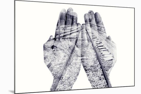 Double Exposure of the Palms of a Man Put Together and a Railway, in Black and White-nito-Mounted Photographic Print