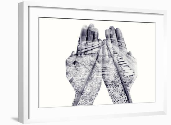 Double Exposure of the Palms of a Man Put Together and a Railway, in Black and White-nito-Framed Photographic Print